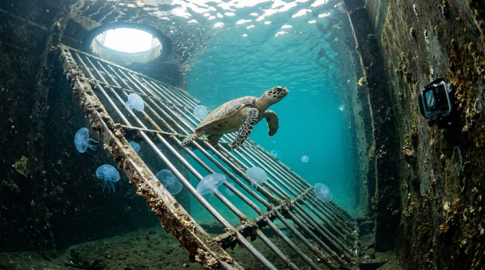 Turtle passing over the excluder grid