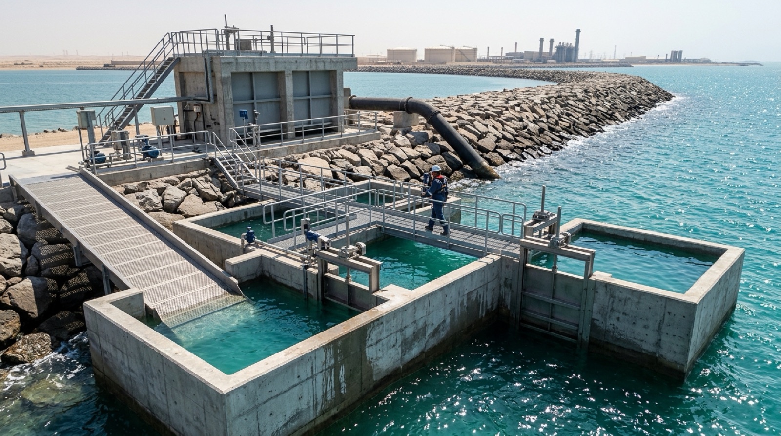 HydroLift chambers and head tank feeding the pipe through the breakwater