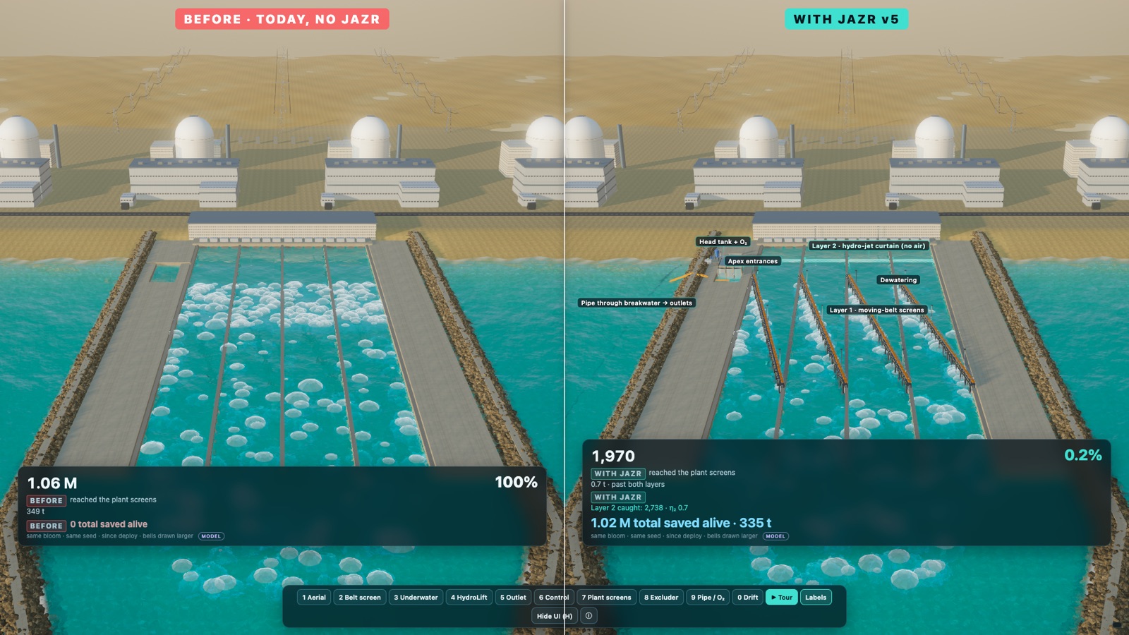 Split view: the intake today flooded with jellyfish, and with JAZR deployed